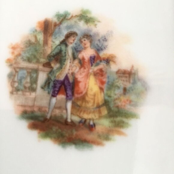 VTG (2) German Porcelain Reticulated Lattice Trinket Dish Romantic Scene Floral - Picture 10 of 12